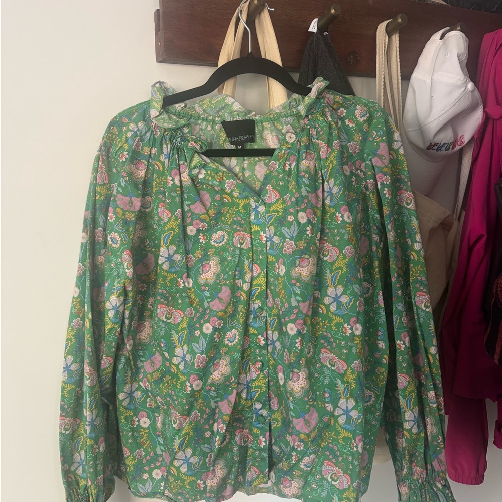 Cynthia Rowley Green Floral Button-Front Blouse